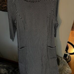 Boden Sarah Smart Day Dress Women 12R Blue White Polka Dot Pockets 3/4 Sleeve